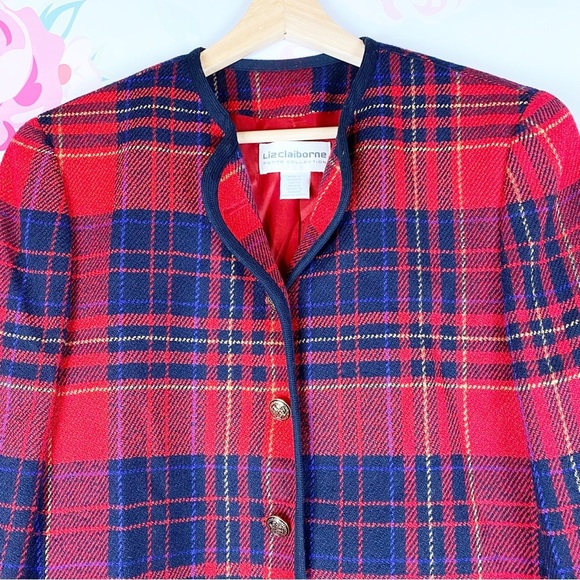 Vintage Style Liz Claiborne Red Checkered Plaid Wool Blend Blazer Jacket 10P - Picture 2 of 14